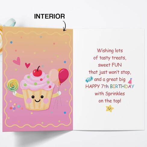Cute 7th Birthday Card for Girl,Seven Years Old Bday Gift Card for Daughter Granddaughter Niece,7 Years Old Cupcake and Candy Decorations in Saudi Arabia