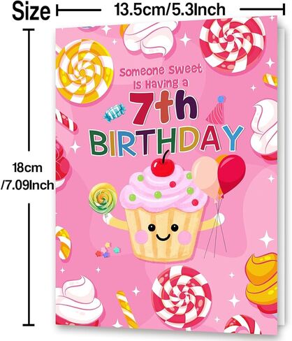 Cute 7th Birthday Card for Girl,Seven Years Old Bday Gift Card for Daughter Granddaughter Niece,7 Years Old Cupcake and Candy Decorations in Saudi Arabia