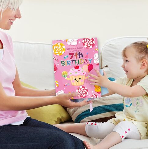 Cute 7th Birthday Card for Girl,Seven Years Old Bday Gift Card for Daughter Granddaughter Niece,7 Years Old Cupcake and Candy Decorations in Saudi Arabia