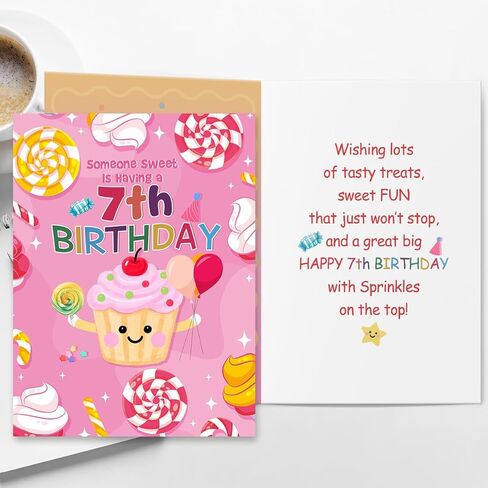 Cute 7th Birthday Card for Girl,Seven Years Old Bday Gift Card for Daughter Granddaughter Niece,7 Years Old Cupcake and Candy Decorations in Saudi Arabia