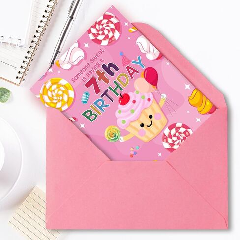 Cute 7th Birthday Card for Girl,Seven Years Old Bday Gift Card for Daughter Granddaughter Niece,7 Years Old Cupcake and Candy Decorations in Saudi Arabia