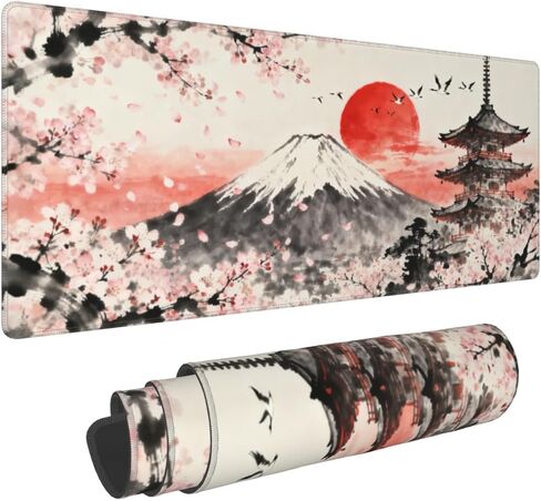 Japanese Mouse Pad 31.5x11.8 XL Grey Pink Cherry Blossoms Mountain Watercolor Extended Large Mousepad Keyboard Mouse Mat Desk Pad with Non-Slip Rubber Base Stitched Edges for Home Office Game in Saudi Arabia