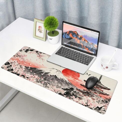 Japanese Mouse Pad 31.5x11.8 XL Grey Pink Cherry Blossoms Mountain Watercolor Extended Large Mousepad Keyboard Mouse Mat Desk Pad with Non-Slip Rubber Base Stitched Edges for Home Office Game in Saudi Arabia