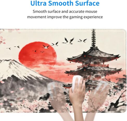 Japanese Mouse Pad 31.5x11.8 XL Grey Pink Cherry Blossoms Mountain Watercolor Extended Large Mousepad Keyboard Mouse Mat Desk Pad with Non-Slip Rubber Base Stitched Edges for Home Office Game in Saudi Arabia