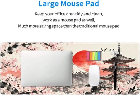 Japanese Mouse Pad 31.5x11.8 XL Grey Pink Cherry Blossoms Mountain Watercolor Extended Large Mousepad Keyboard Mouse Mat Desk Pad with Non-Slip Rubber Base Stitched Edges for Home Office Game in Saudi Arabia