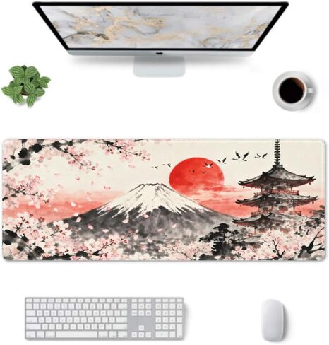 Japanese Mouse Pad 31.5x11.8 XL Grey Pink Cherry Blossoms Mountain Watercolor Extended Large Mousepad Keyboard Mouse Mat Desk Pad with Non-Slip Rubber Base Stitched Edges for Home Office Game in Saudi Arabia