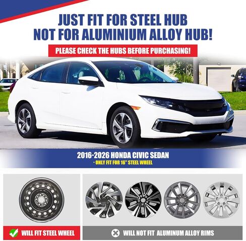 Winjet Wheel Covers for Honda Civic Sedan 2016-2026 16" Hubcaps [2016 2017 2018 2019 2020 2021 2022 2023 2024 2025 2026 Honda Civic Sedan] Hubcaps, [Only Fit Iron Hub - Steel Wheel] (Black Lacquer) in Saudi Arabia