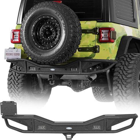 Hooke Road JL Rear Bumper for 2018-2026 Jeep Wrangler JL 2-Door & Unlimited, Rock Crawler Tubular Steel Back Bumper with 2" Hitch Receiver, LED Lights, Backup Sensor Compatible in Saudi Arabia