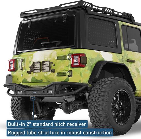 Hooke Road JL Rear Bumper for 2018-2026 Jeep Wrangler JL 2-Door & Unlimited, Rock Crawler Tubular Steel Back Bumper with 2" Hitch Receiver, LED Lights, Backup Sensor Compatible in Saudi Arabia