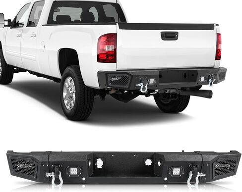 المصد الخلفي مناسب لسيارة Chevy Silverado 2500 3500 HD 2011 2012 2013 2014 مصد فولاذي عالي التحمل مع 4 مصابيح وحلقات على شكل حرف D وفتحتين للمستشعر، ومصد خلفي مطلي بمسحوق in Kuwait