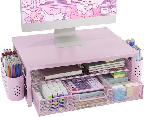 2-Tier Computer Monitor Stand Riser，Desk Organizer and Accessories with Drawer and 2 Pen Holders,Desktop Monitor Stand for PC, Laptop, Pink in Saudi Arabia