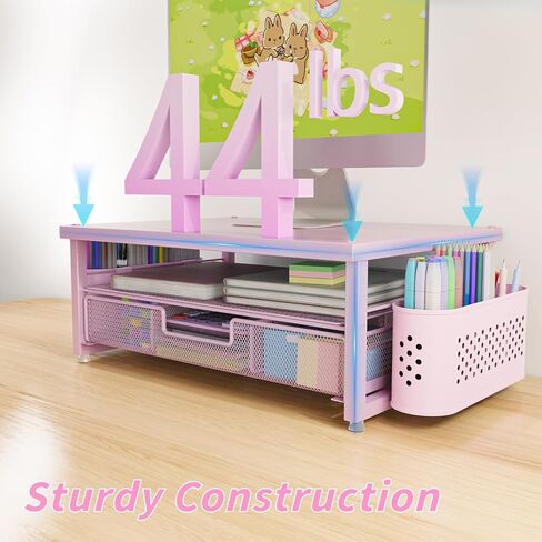 2-Tier Computer Monitor Stand Riser，Desk Organizer and Accessories with Drawer and 2 Pen Holders,Desktop Monitor Stand for PC, Laptop, Pink in Saudi Arabia