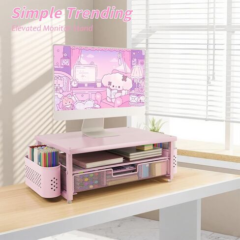2-Tier Computer Monitor Stand Riser，Desk Organizer and Accessories with Drawer and 2 Pen Holders,Desktop Monitor Stand for PC, Laptop, Pink in Saudi Arabia
