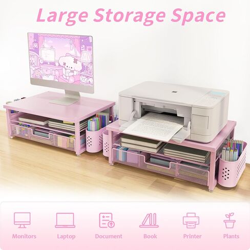 2-Tier Computer Monitor Stand Riser，Desk Organizer and Accessories with Drawer and 2 Pen Holders,Desktop Monitor Stand for PC, Laptop, Pink in Saudi Arabia