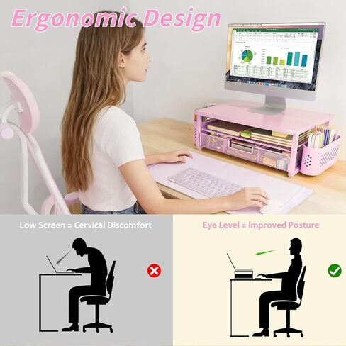 2-Tier Computer Monitor Stand Riser，Desk Organizer and Accessories with Drawer and 2 Pen Holders,Desktop Monitor Stand for PC, Laptop, Pink in Saudi Arabia