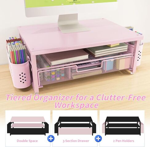 2-Tier Computer Monitor Stand Riser，Desk Organizer and Accessories with Drawer and 2 Pen Holders,Desktop Monitor Stand for PC, Laptop, Pink in Saudi Arabia