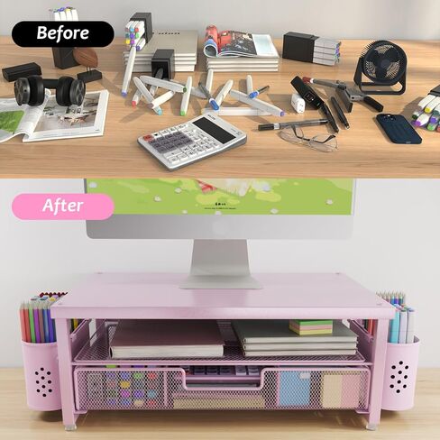 2-Tier Computer Monitor Stand Riser，Desk Organizer and Accessories with Drawer and 2 Pen Holders,Desktop Monitor Stand for PC, Laptop, Pink in Saudi Arabia