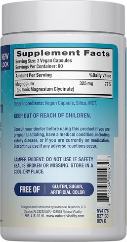 تهدئة الحيوية الطبيعية، جليسينات المغنيسيوم يدعم صحة العظام والعضلات والقلب والأعصاب، غير معدل وراثيًا، نباتي، خالي من الغلوتين، 180 قيراط in Kuwait