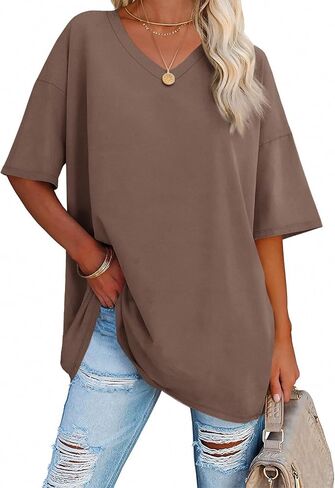 Ebifin Womens Oversized Tshirts V Neck Tee Shirts Half Sleeve Loose Fit T Shirt Cotton Tunic Tops 2024 in Kuwait