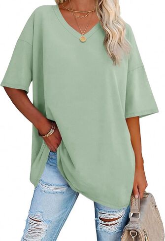 Ebifin Womens Oversized Tshirts V Neck Tee Shirts Half Sleeve Loose Fit T Shirt Cotton Tunic Tops 2024 in Saudi Arabia