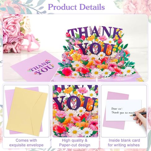 Pop Up Thank You Cards - 3D Paper Flowers Thank You Pop Up Cards with Envelope for Mom Dad Women Men Nurses Teachers Day Appreciation Gift in Saudi Arabia