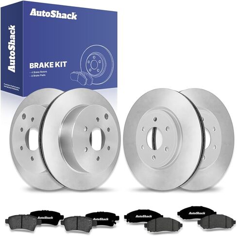 استبدال وسادات الفرامل السيراميكية الأمامية والخلفية المحفورة والخلفية من AutoShack لـ 2005-2012 Nissan Pathfinder 4.0L V6 4WD RWD Silver Matte Finish 12-PC طقم فرامل TurboGuard in Saudi Arabia