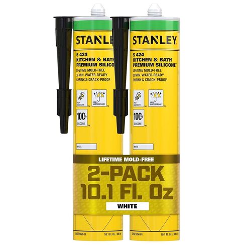 Stanley Premium Kitchen & Bathroom, 1x10.1 fl.oz. White, 100% Silicone Caulk - Low Odor, UV Protection, 100% Waterproof Sealant and Adhesive for Kitchen and Bathroom, Window & Door and Glazing, 1 Pack in Kuwait