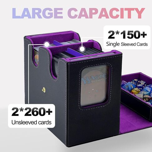 صندوق MTG Commander Deck Box، صندوق تخزين بطاقات التداول مع مقبض وصينية النرد يحمل أكثر من 230 بطاقة مزدوجة الأكمام، صندوق مزدوج الطبقات بتصميم زر متين مناسب لبطاقات CCG/TCG/البطاقات الرياضية (أسود وبنفسجي) in Kuwait