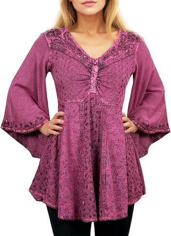 Agan Traders Fall 3/4 Bell Sleeve V Neck Embellishment Bohemian Tops for Women - Sequin Beaded Flared Vintage Women's Blouses in Kuwait