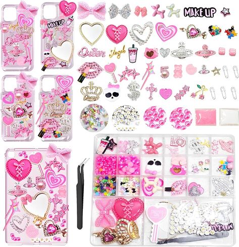 Junk Case Charms DIY Kit with Pink Hearts, Bows,Heart Mirror, Stars, Letters Gold Crowns For DIY Clear Phone Charm Y2K Junk Phone Case Charms Kit, Cute Decorative For Customizing Craft Accessories in Saudi Arabia