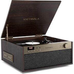Victrola Century 6-in-1 Vinyl Record Player & Music Center - 3-Speed Turntable, CD & Cassette Player, VINYLSTREAM, Bluetooth & 3.5mm Aux, Record Player with Speakers, Mid Century Design, Walnut in Kuwait