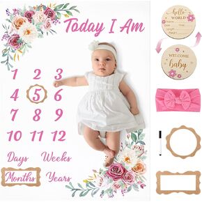 Floral Baby Milestone Blanket for Baby Girls, Boho Baby Monthly Milestone Blanket, Baby Age Milestone Blanket Baby Growth Blanket Photo Blanket with Bow Headband, Frames, Wooden Signs in Kuwait