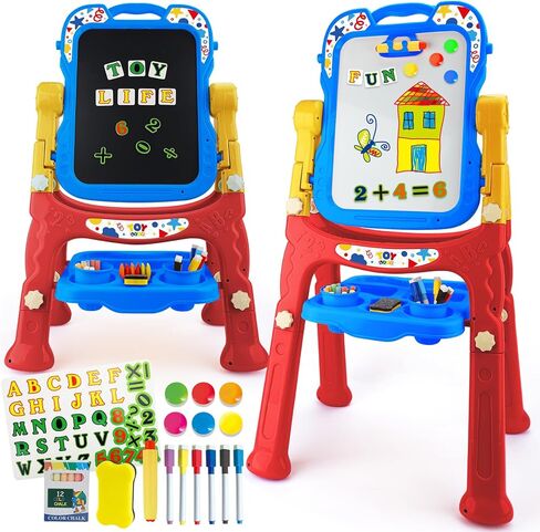 TOY Life Easel للأطفال حامل فني للأطفال الصغار - 4 في 1 لوح مغناطيسي كبير مزدوج الجوانب للأطفال، حامل سبورة رسم لوحة بيضاء للأطفال، حروف وأرقام مغناطيسية، هدايا عيد الميلاد للأطفال in Saudi Arabia