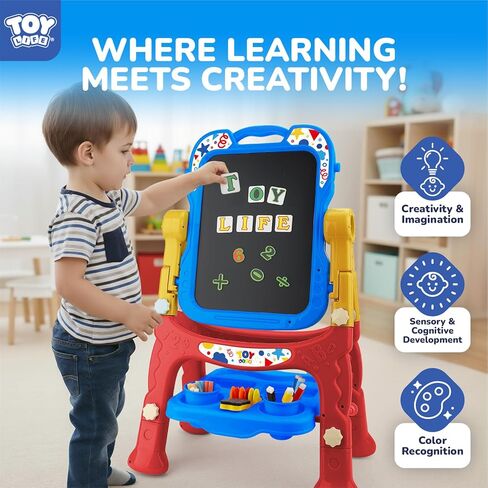 TOY Life Easel للأطفال حامل فني للأطفال الصغار - 4 في 1 لوح مغناطيسي كبير مزدوج الجوانب للأطفال، حامل سبورة رسم لوحة بيضاء للأطفال، حروف وأرقام مغناطيسية، هدايا عيد الميلاد للأطفال in Saudi Arabia