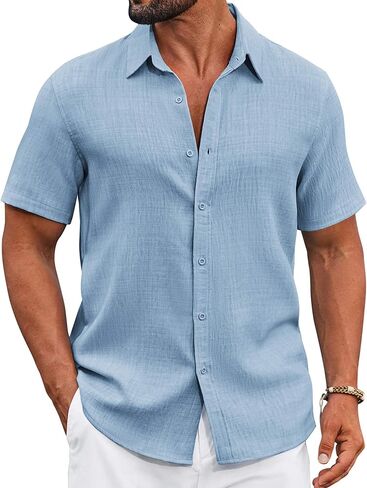 COOFANDY Men's Casual Button Down Shirts Short Sleeve Textured Summer Beach Shirt in Saudi Arabia