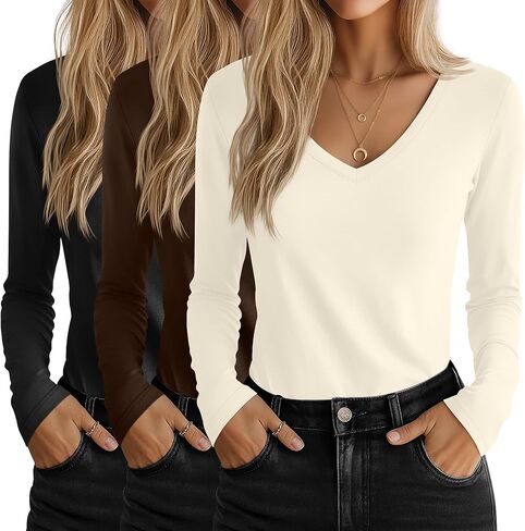 Riyiper 3 Pcs Women's V Neck T Shirts Long Sleeve Tops Casual Loose Fit Straight Hem T Shirt Basic Tees in Kuwait