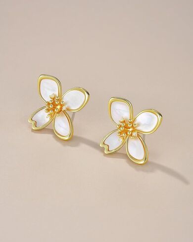 Gold Mother of Pearl Flower Stud Statement Earrings for Women by SNGIA, Dainty Bold Retro Handmade Trendy Natural Sea Abalone Shell Floral Bohemian Jewelry Gifts, Small Unique Baroque Turquoise Stone Summer Beach Fashion Earrings Accessories, Vintage Gems in Saudi Arabia
