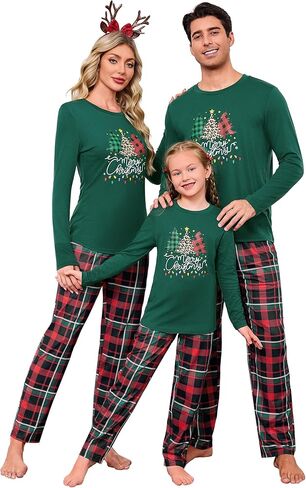 iClosam Matching Family Pajamas Sets Christmas PJ's Letter Print Top and Plaid Pants Jammies Sleepwear in Kuwait