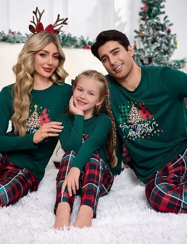 iClosam Matching Family Pajamas Sets Christmas PJ's Letter Print Top and Plaid Pants Jammies Sleepwear in Kuwait