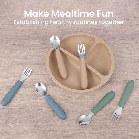Toddler Utensils, Kids Silverware with Silicone Handle, Spoons and Forks Set, 18/8 Stainless Steel Children Safe Feeding Supplies, 6 Pack, Dishwasher Safe in Saudi Arabia