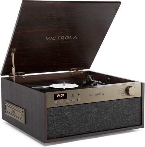 Victrola Century 6-in-1 Vinyl Record Player & Music Center - 3-Speed Turntable, CD & Cassette Player, VINYLSTREAM, Bluetooth & 3.5mm Aux, Record Player with Speakers, Mid Century Design, Walnut in Kuwait