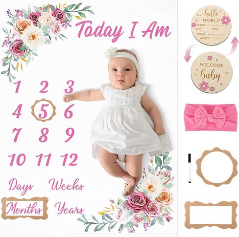 Floral Baby Milestone Blanket for Baby Girls, Boho Baby Monthly Milestone Blanket, Baby Age Milestone Blanket Baby Growth Blanket Photo Blanket with Bow Headband, Frames, Wooden Signs in Kuwait