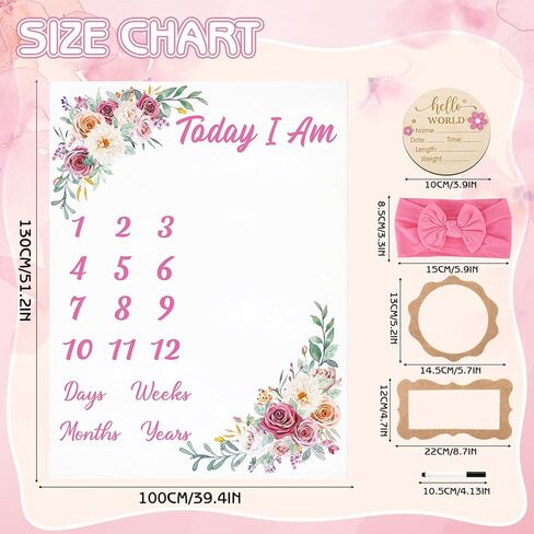 Floral Baby Milestone Blanket for Baby Girls, Boho Baby Monthly Milestone Blanket, Baby Age Milestone Blanket Baby Growth Blanket Photo Blanket with Bow Headband, Frames, Wooden Signs in Kuwait