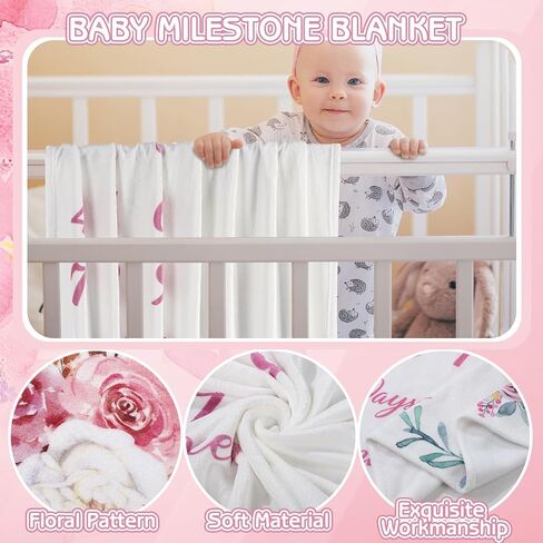 Floral Baby Milestone Blanket for Baby Girls, Boho Baby Monthly Milestone Blanket, Baby Age Milestone Blanket Baby Growth Blanket Photo Blanket with Bow Headband, Frames, Wooden Signs in Kuwait