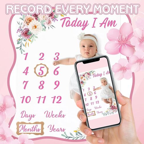 Floral Baby Milestone Blanket for Baby Girls, Boho Baby Monthly Milestone Blanket, Baby Age Milestone Blanket Baby Growth Blanket Photo Blanket with Bow Headband, Frames, Wooden Signs in Kuwait