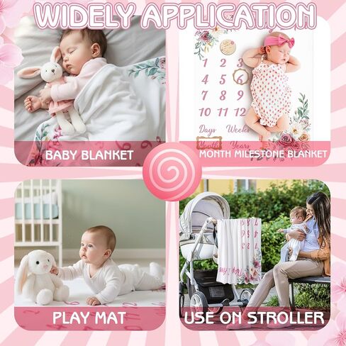 Floral Baby Milestone Blanket for Baby Girls, Boho Baby Monthly Milestone Blanket, Baby Age Milestone Blanket Baby Growth Blanket Photo Blanket with Bow Headband, Frames, Wooden Signs in Kuwait