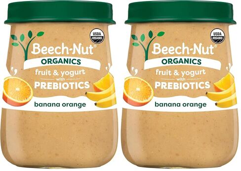 Beech-Nut Organic Fruit & Yogurt Baby Food Jars with Prebiotics, Organic Banana Orange & Yogurt Puree, Stage 2 Baby Food for Babies 6 Months and Up, Non-GMO, 4oz Glass Jars, 10ct in Kuwait