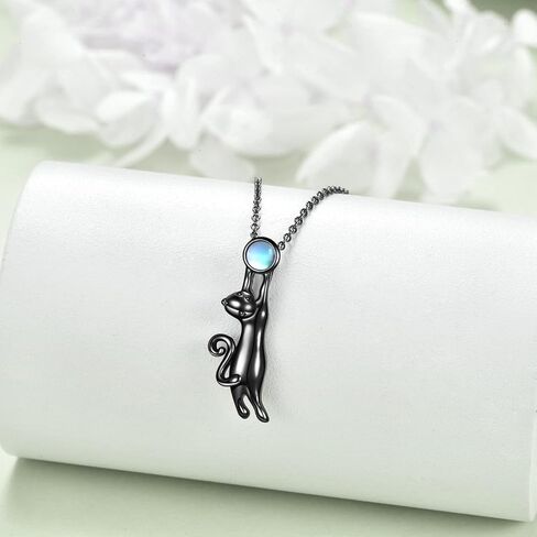 CRMAD Black Cat Necklace for Women Sterling Silver Moonstone Cat Jewelry Irish Gifts in Kuwait