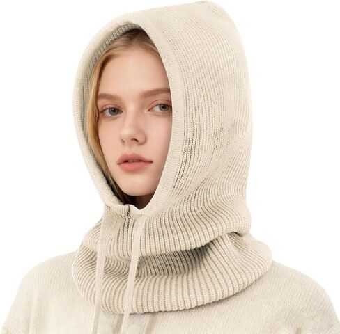 Peicees Hooded Scarf Hat Knit Balaclava for Women Men Winter Neck Gaiters Beanie Skull Cap Drawstring Neck Warmer Fashion in Kuwait