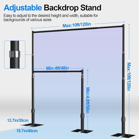 طقم حامل خلفية للأنابيب والستائر، خلفية شديدة التحمل مقاس 10أقدام × 10أقدام، حامل خلفية قابل للتعديل للتصوير الفوتوغرافي وحفلات الزفاف والحفلات وتزيين الأحداث - أسود in Kuwait